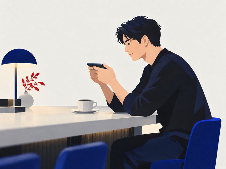 夜のカフェでスマホの動画を見る男性のイラスト