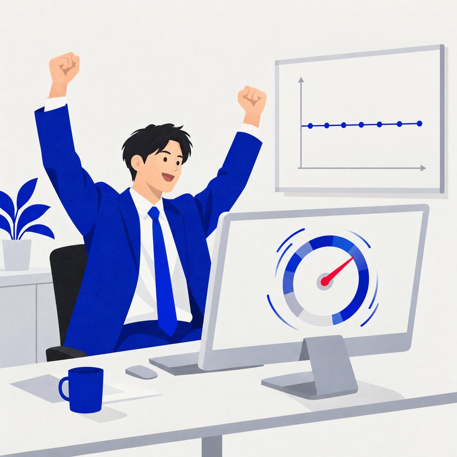 再生数のメーターに喜ぶが、売上グラフは横ばいのイラスト